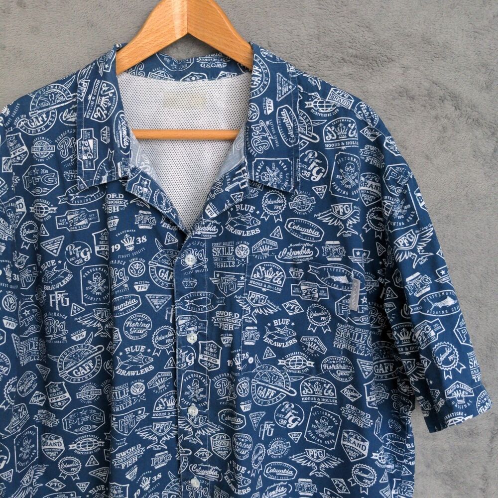Columbia PFG Trollers Best Shirt Men XXL Blue Graphic Print Fishing Vented